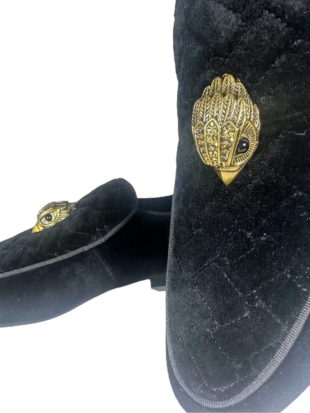 Kurt Geiger Men’s Black Quilted Velvet Loafers with Gold Emblem